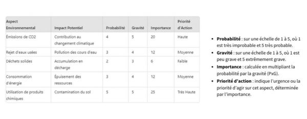 Exemple d'un tableau d'impact utilisable pour une analyse environnementale iso 14001.